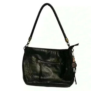 The Sak Black Indio Leather Shoulder Bag Purse Braided Strap Brass Hardware